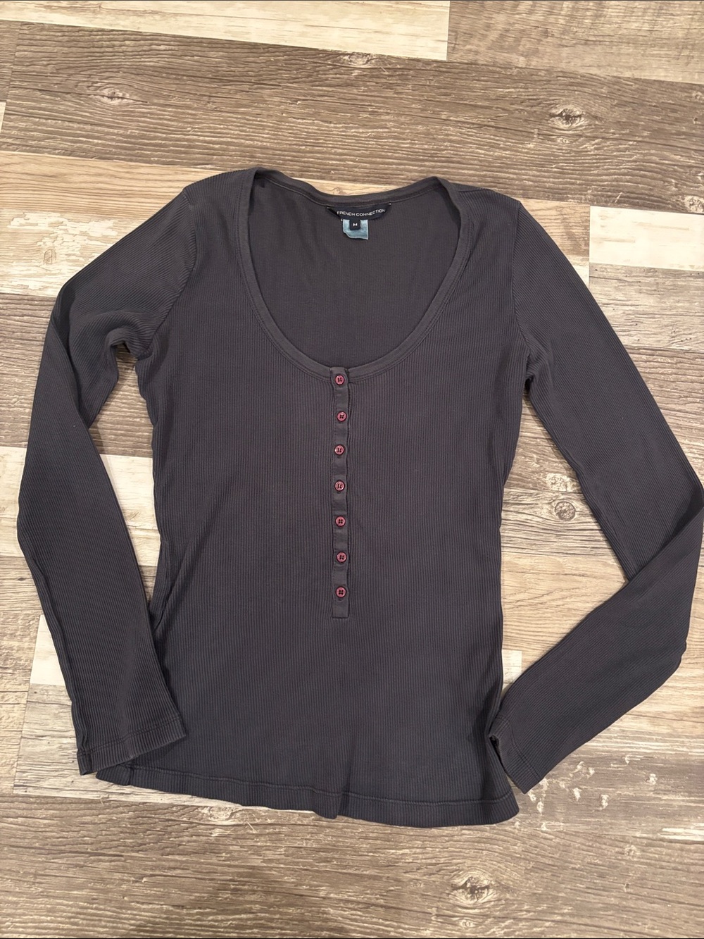 French Connection Ribbed Scoop-Neck Henley Top - Charcoal with Maroon Buttons